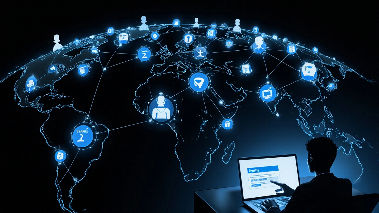 Glowing network of Telegram channels spreading across a globe, triggered by a journalist&#039;s simple click, with AI icons floating nearby.