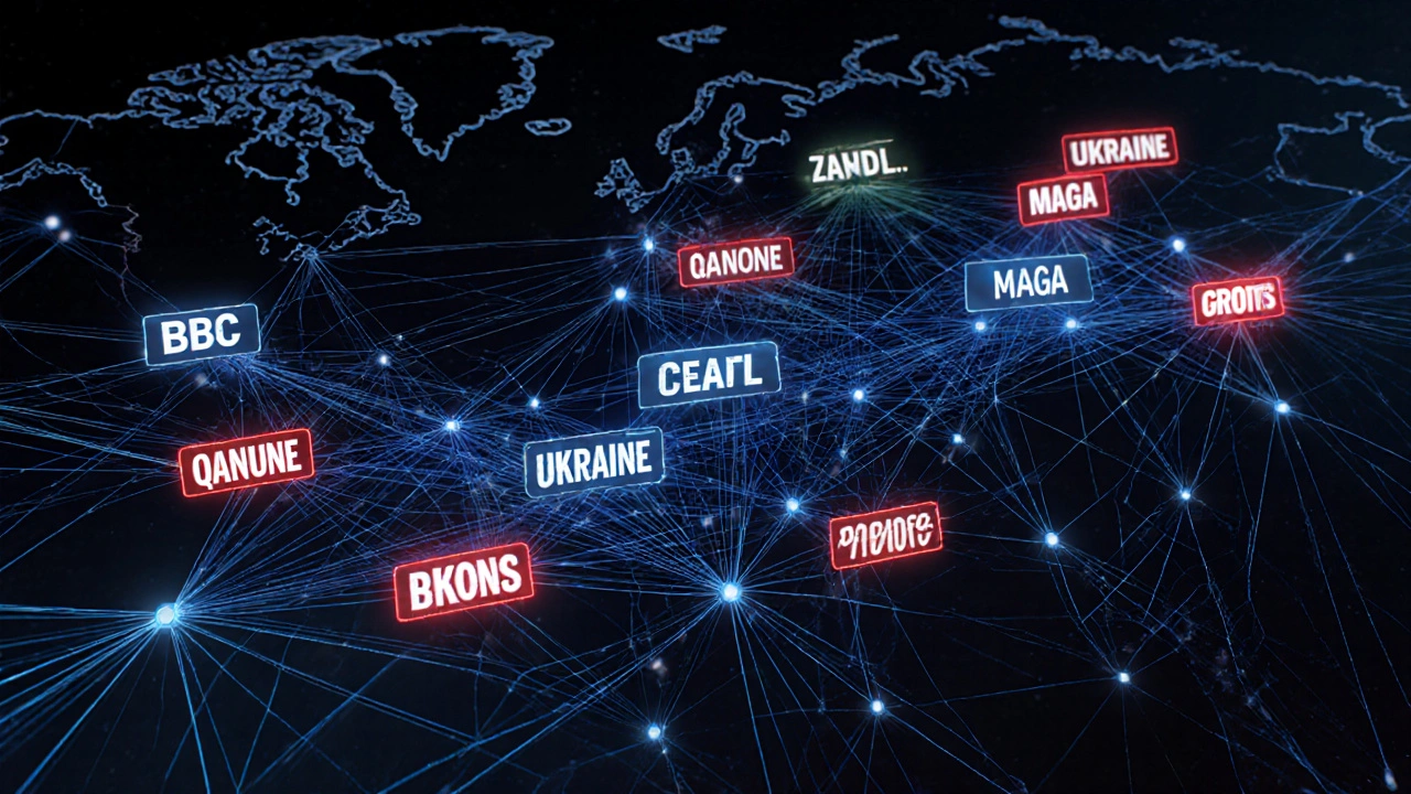 Glowing neural network connecting news channels to extremist groups through keyword bridges.