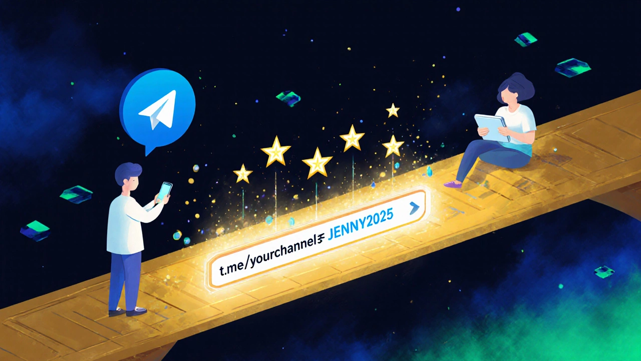 Golden referral link bridge connecting two users with rising stars symbolizing rewards.