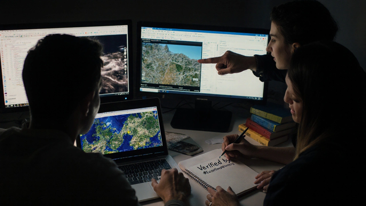 Group of people collaboratively verifying Telegram footage using maps and tools on a laptop screen.