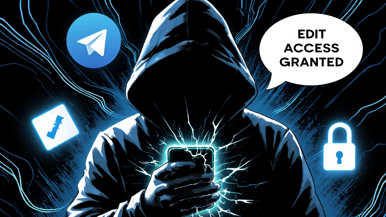 Hacker in hoodie stealing Telegram group permissions in comic book style.