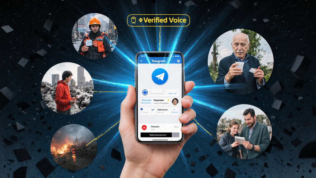 Hand holding phone emitting light beams connecting global crisis responders using Telegram for verified updates.