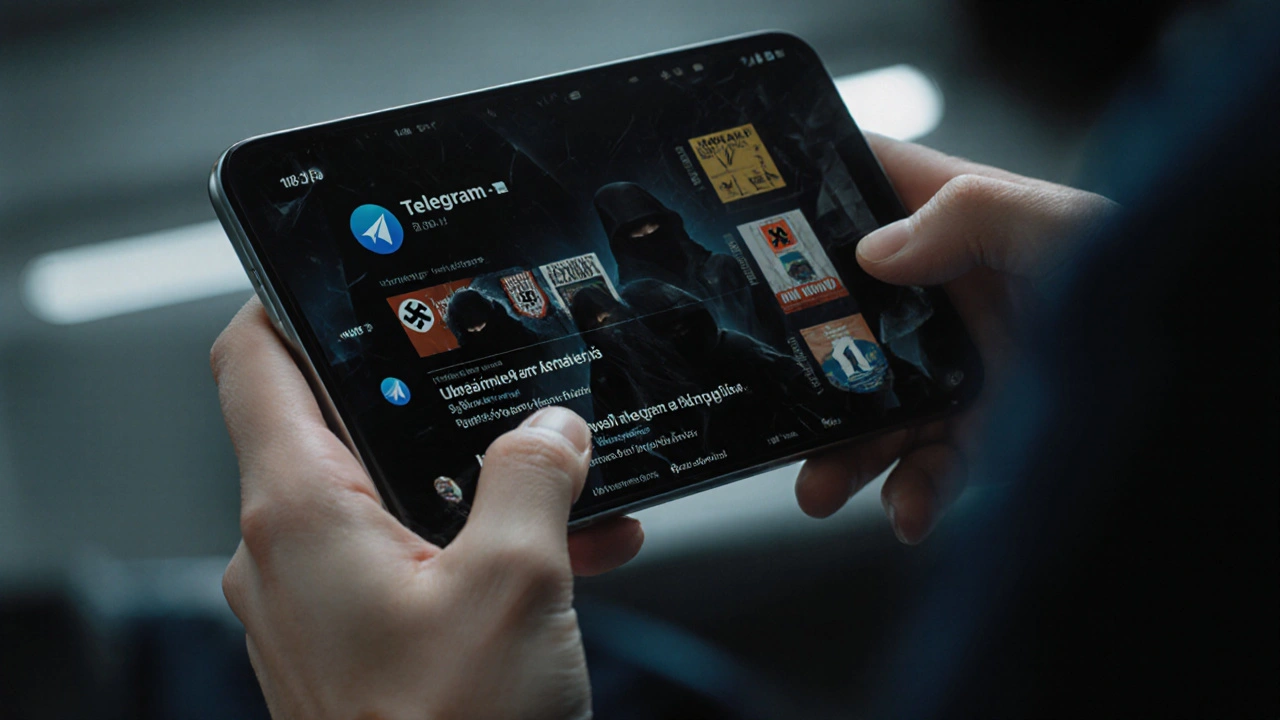 Hand scrolling Telegram app while sinister extremist images reflect in the screen.