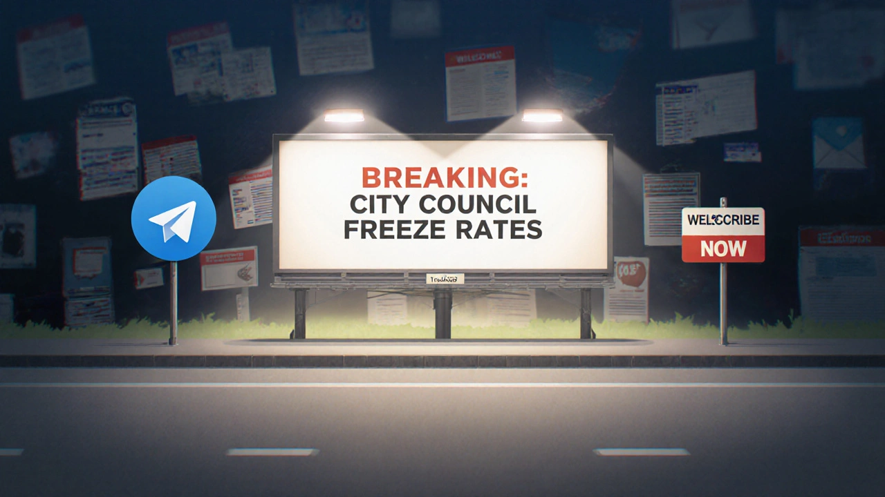 Highway billboard with a single urgent news headline, overshadowing faded, cluttered signs.