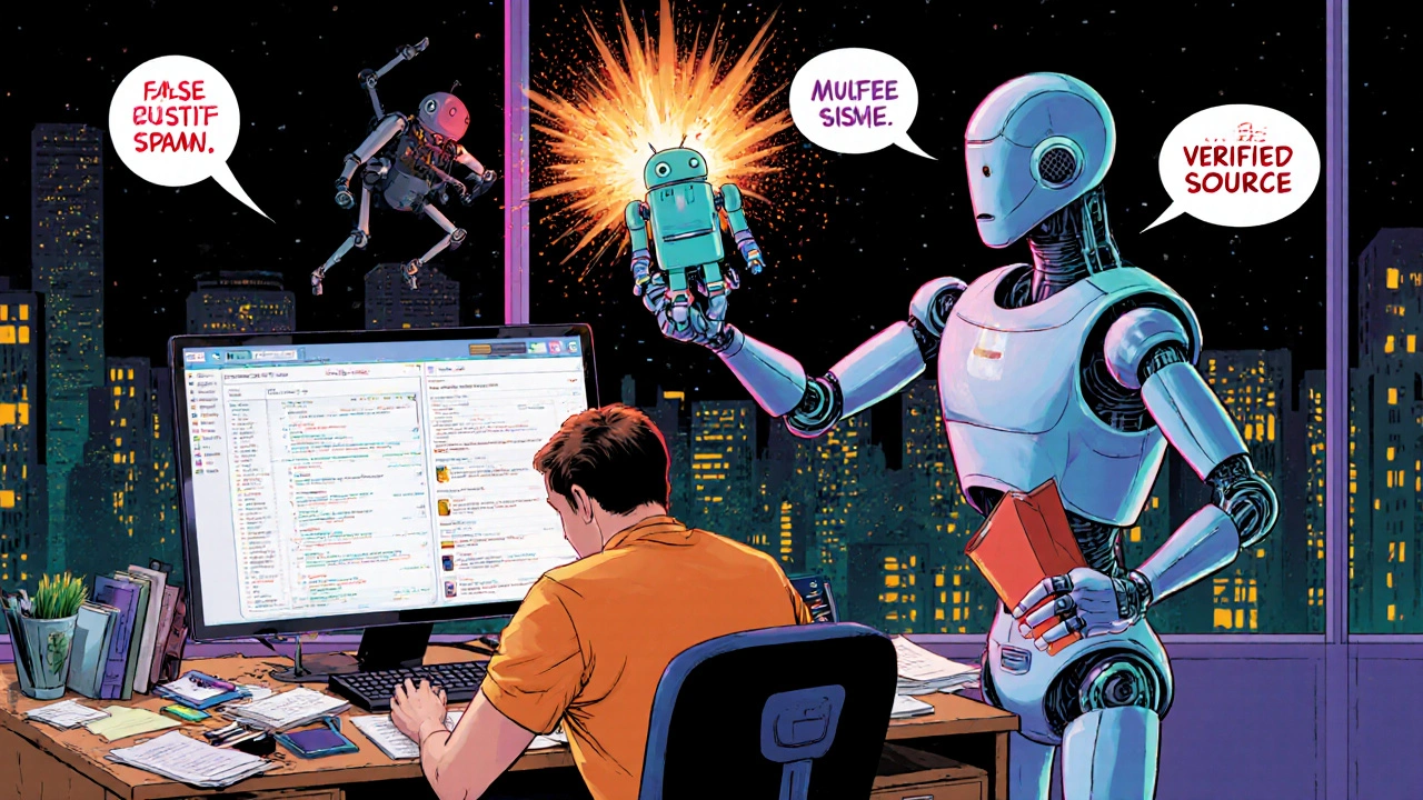 Human admin reviewing AI moderation dashboard while digital bots delete spam in comic book style.