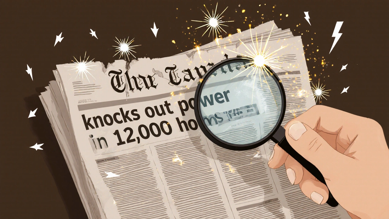 Human hand using a magnifying glass to repair a headline with digital AI enhancements.