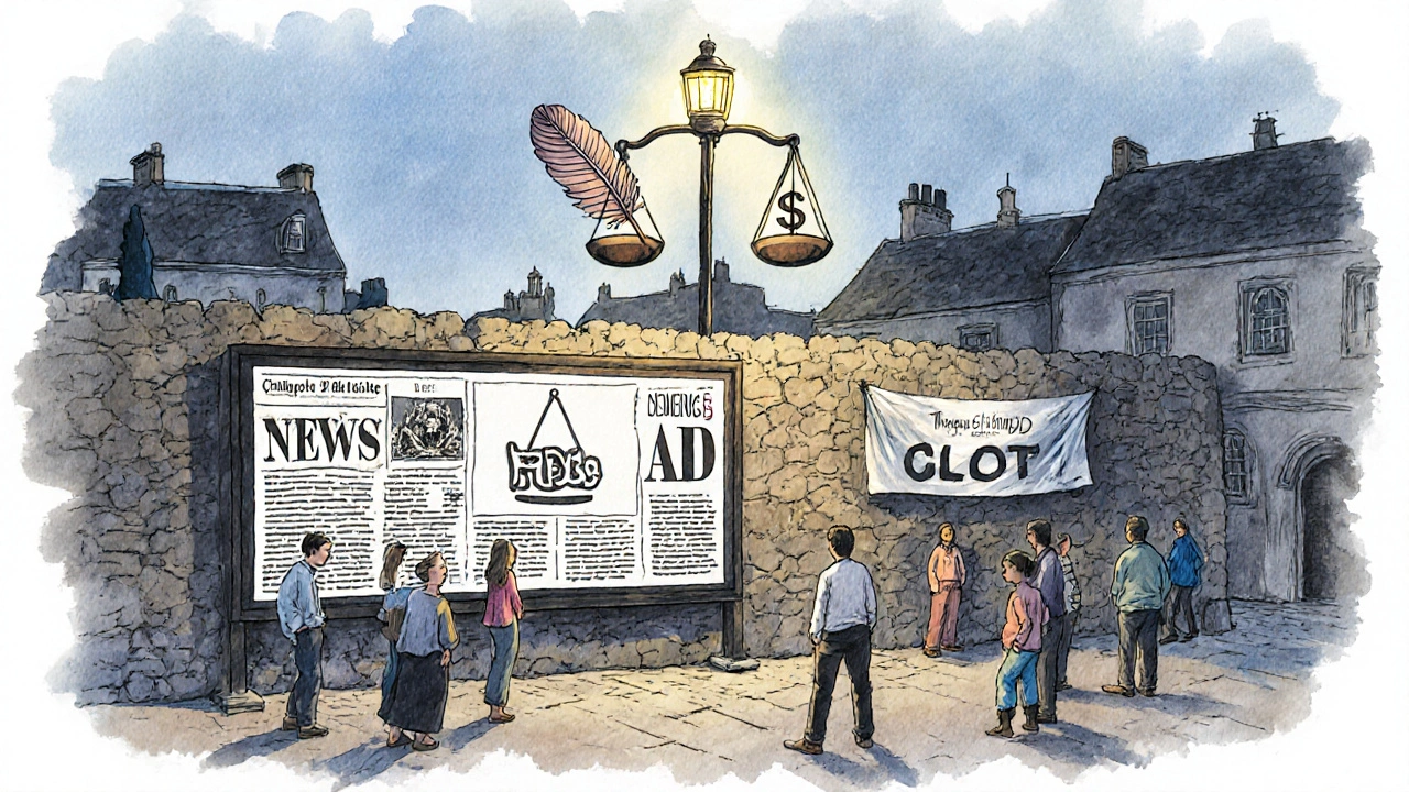 Ink-wash illustration of a town square with news and ads separated by a stone wall, symbolizing trust and transparency.