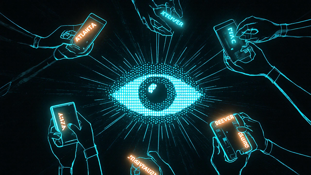 Interconnected hands forming a network of real-time news sources converging into a single observing eye.