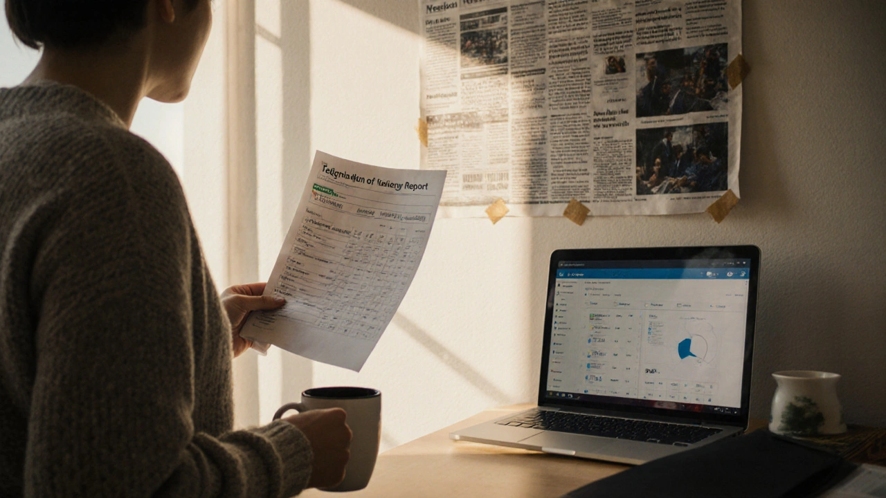 Journalist reviewing printed Telegram stats in a quiet newsroom at dawn with natural light.