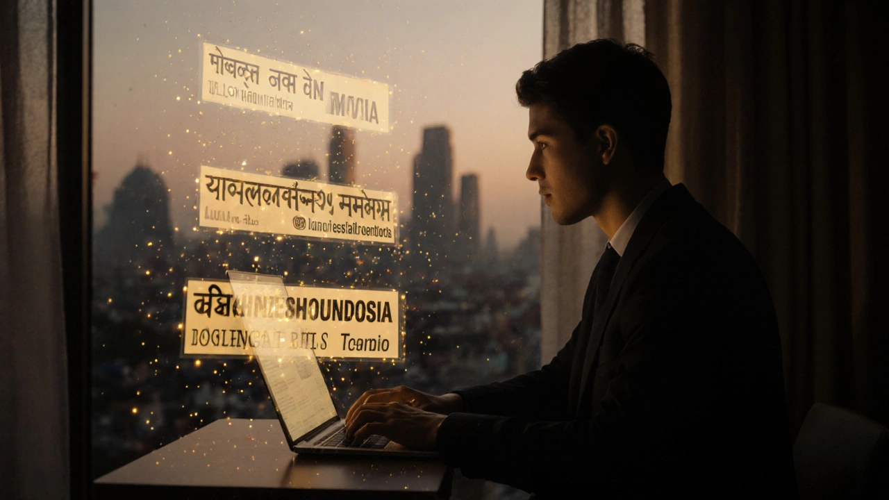 Journalist surrounded by localized news headlines in Hindi, Portuguese, and Bahasa Indonesia, dissolving into notification pulses.