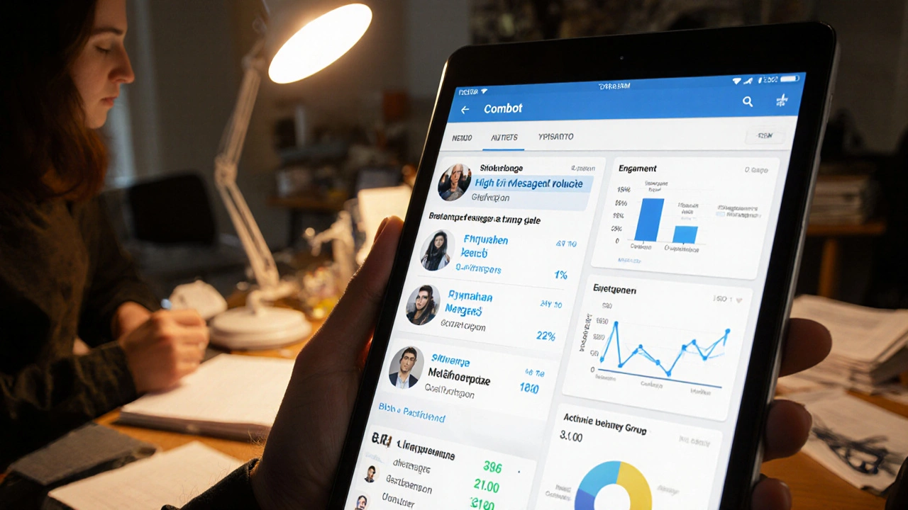 Journalists analyzing Combot analytics on a tablet in a newsroom, highlighting active group members.