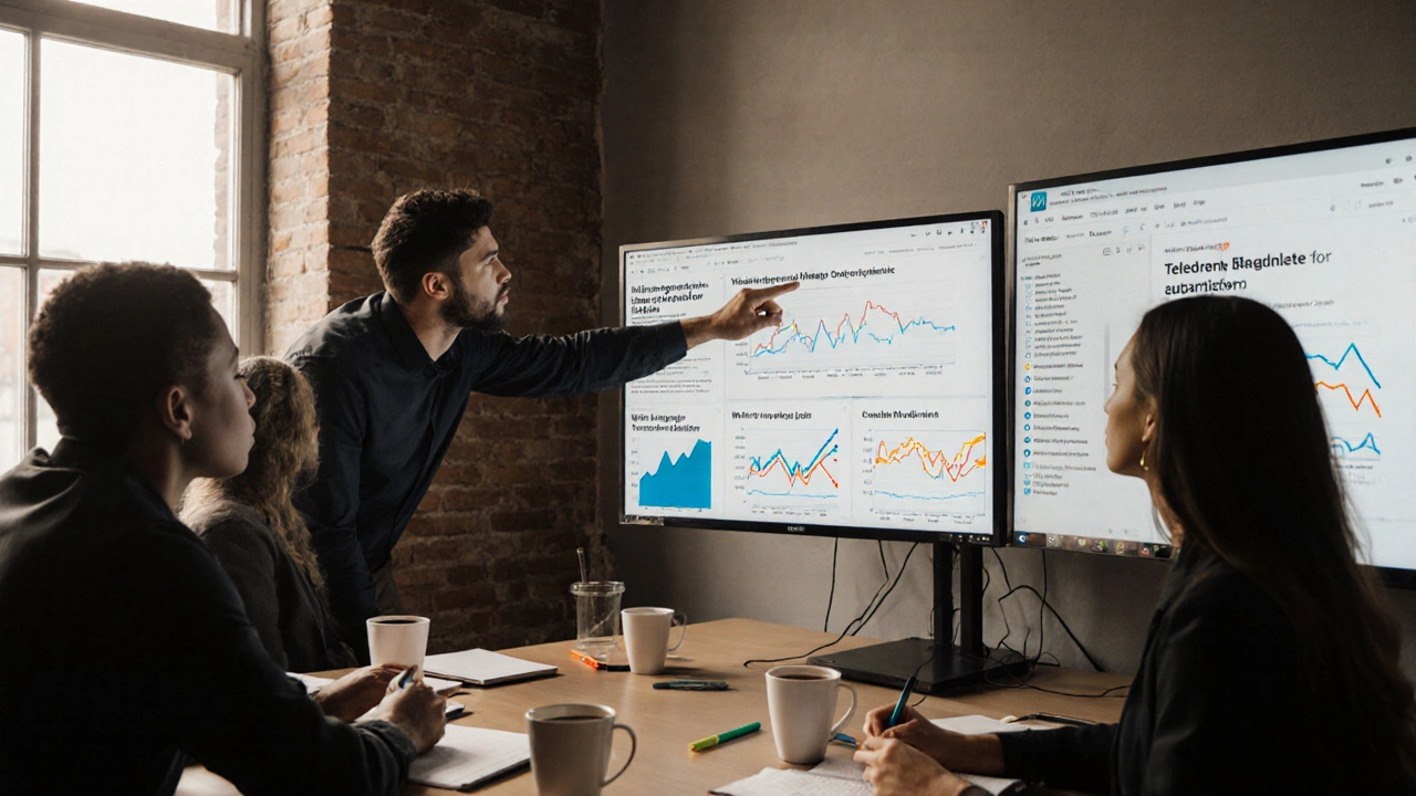 Journalists in a newsroom analyzing Telegram engagement data on monitors.