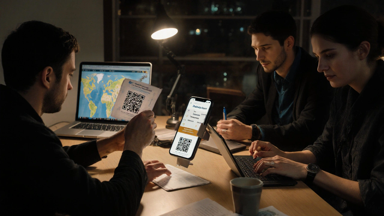 Journalists in a newsroom with a Telegram channel QR code and breaking news updates on screen.