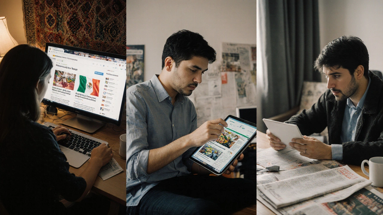 Local editors in Mexico City, Jakarta, and Lviv working on news content with regional cultural items around them.