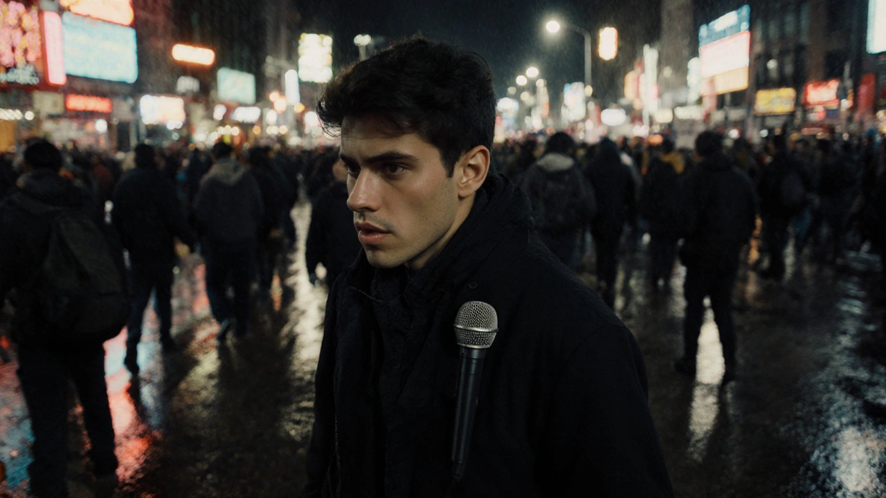 Man recording police during protest in Mexico City with a small Bluetooth microphone.