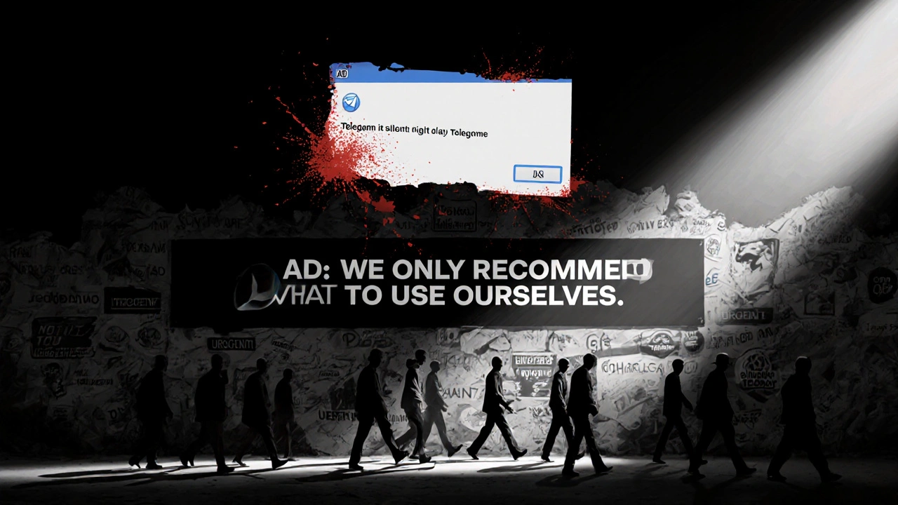 Minimalist painting of a deceptive ad dissolving as an ethical ad emerges in light, surrounded by fading clickbait slogans.