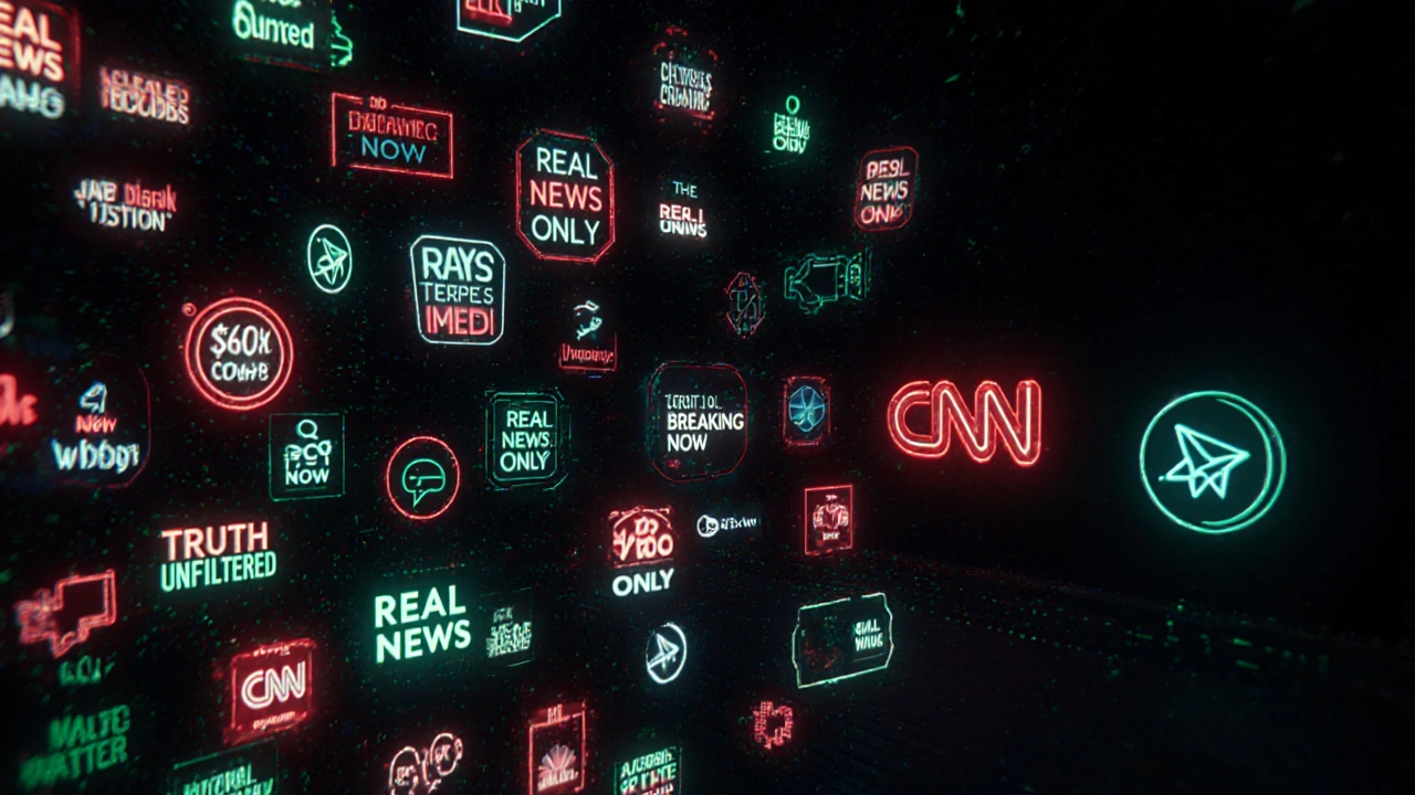 Neon Telegram channel icons floating in a dark digital void, with a faint, distant mainstream news logo.