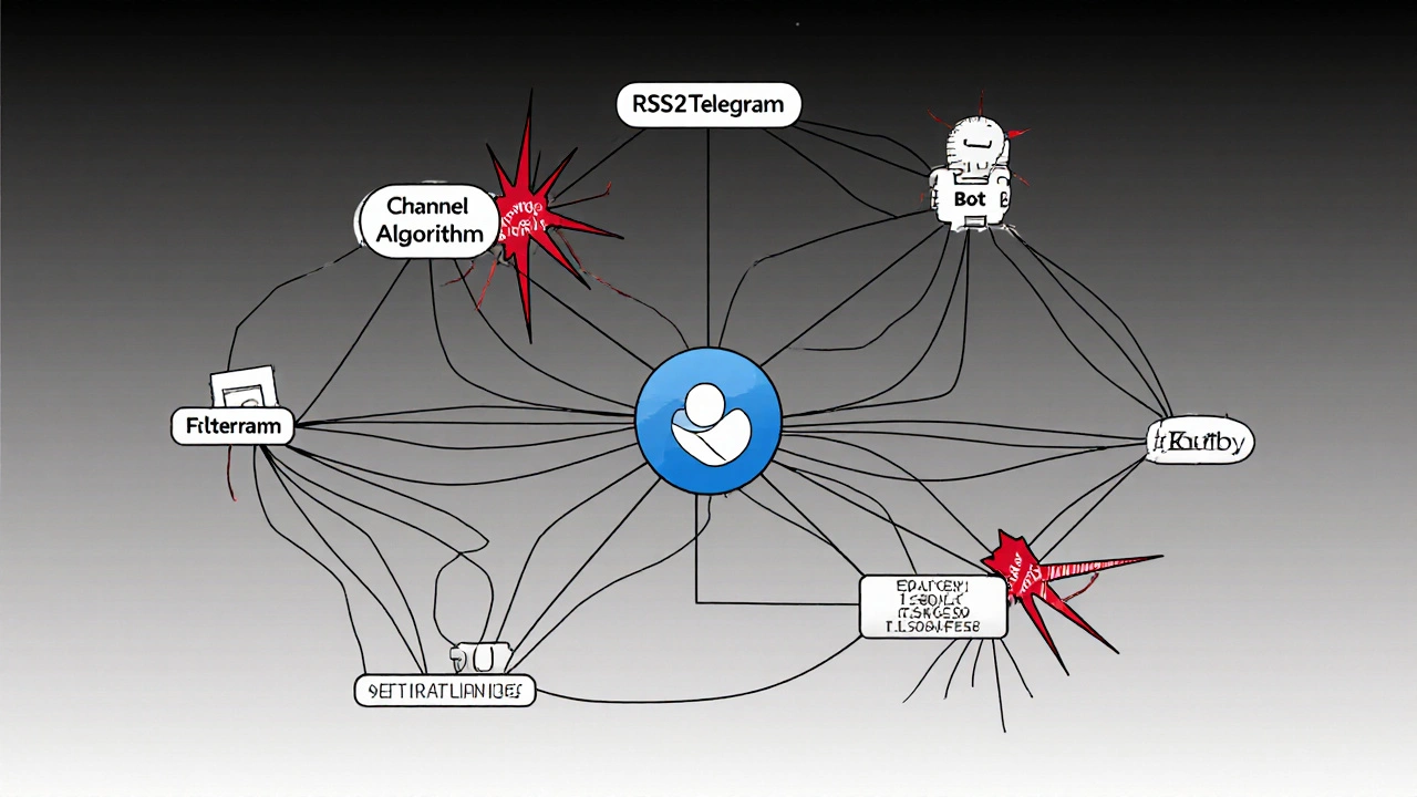 Network diagram showing user-connected bots and severed algorithmic ties