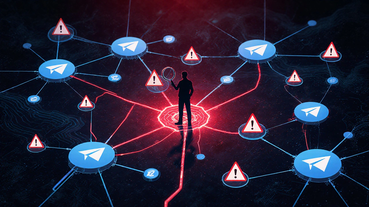 Network of glowing Telegram channels with red honeypots, illuminated by cyberpunk-style lighting around a lone investigator.