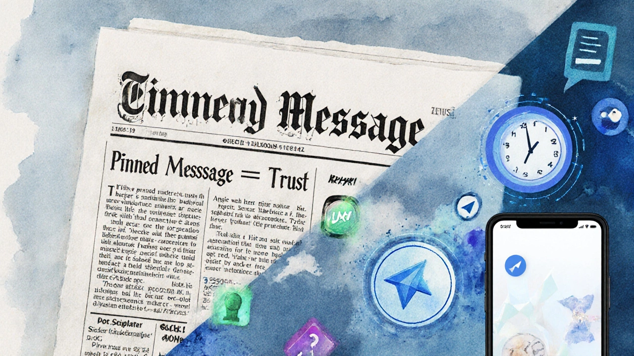 Newspaper front page blending into a Telegram interface with clock, bot, and link icons floating above.