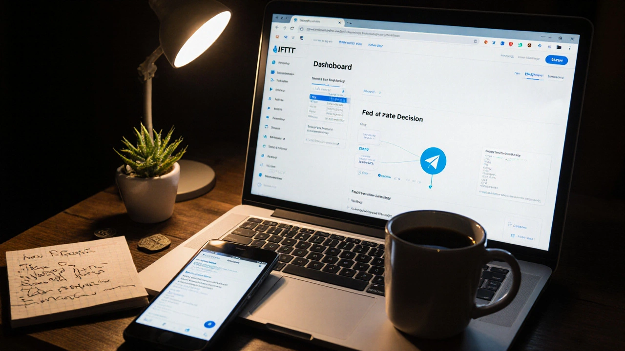 Nighttime desk with laptop showing IFTTT automation, smartphone alert, and handwritten keywords under warm light.