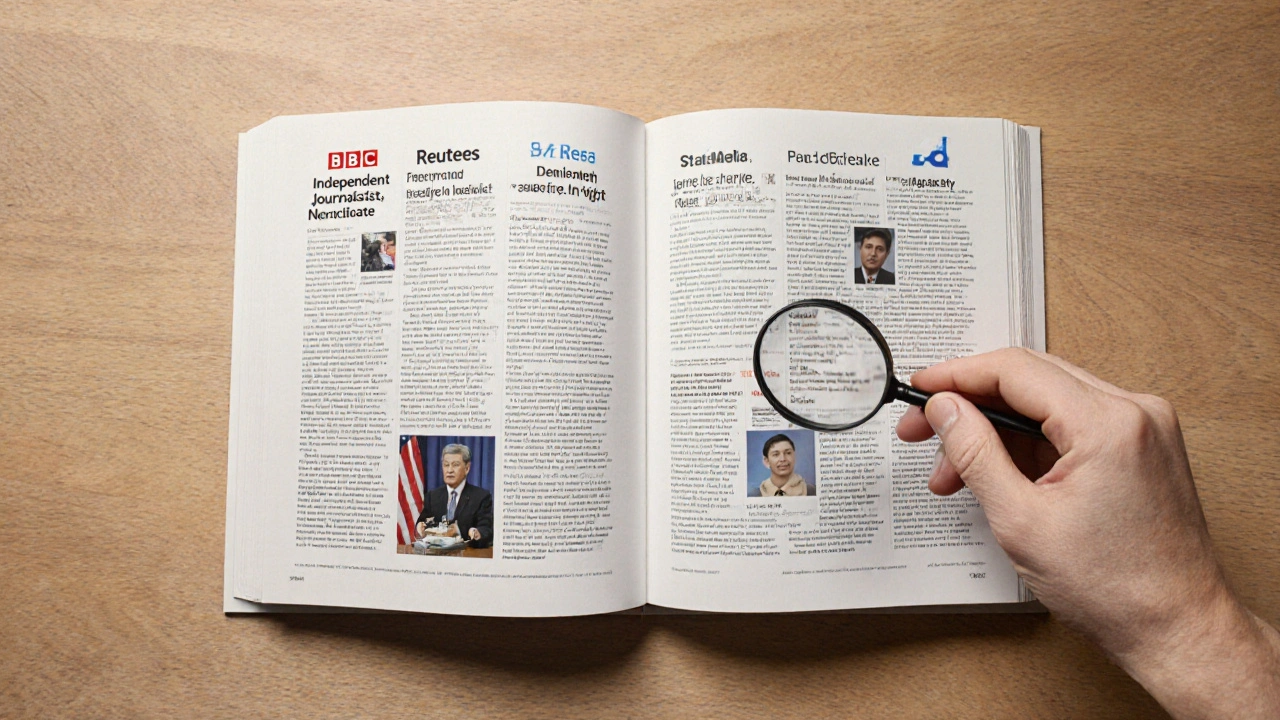 Open book with multiple news sources on a table, illuminated by natural light