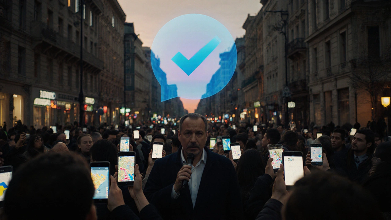 People in a city street scrolling through Telegram, a giant blue checkmark looming overhead.