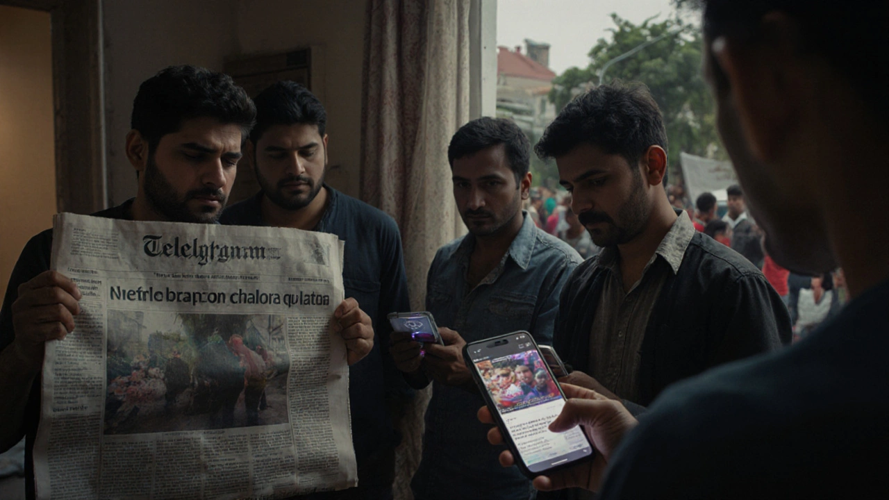 People in different countries staring at phones with Telegram news, one holding a faded newspaper.