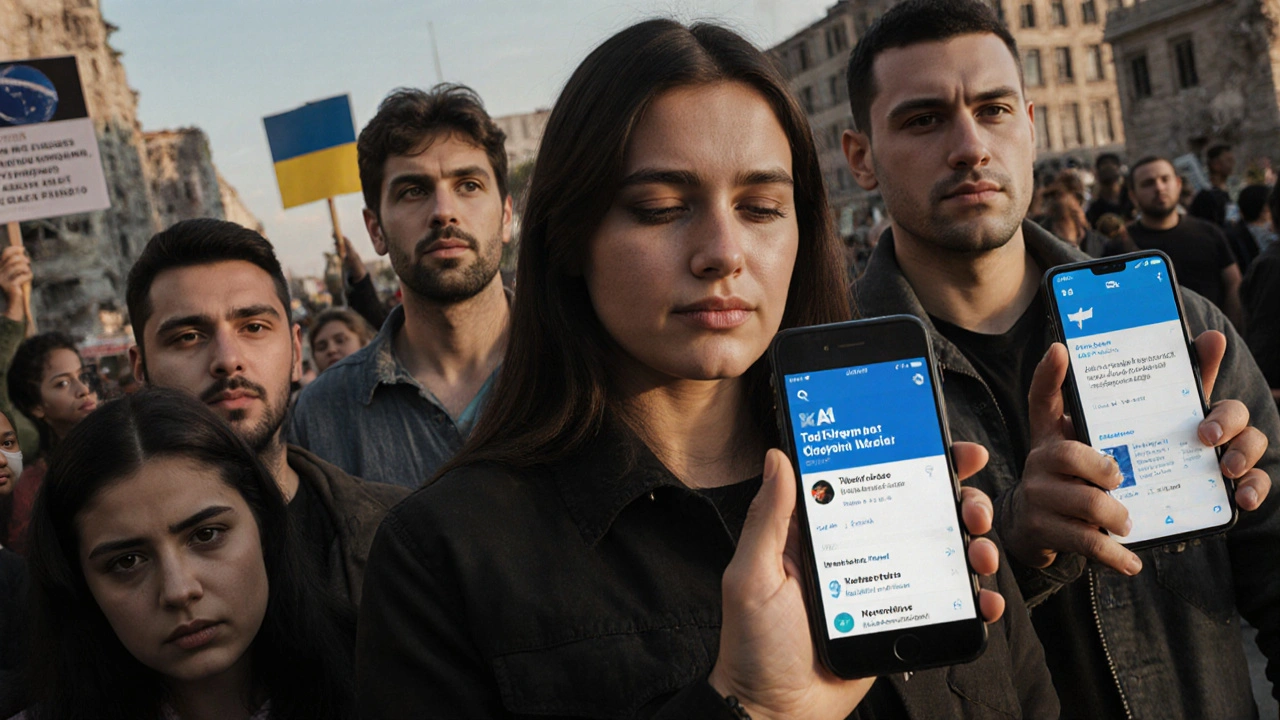 People in Ukraine, Brazil, and rural Texas holding phones with Telegram alerts, surrounded by their local environments.