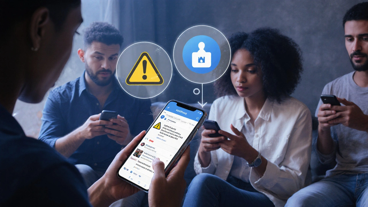 People viewing Telegram feeds with warning labels, open-source bot icons floating above.