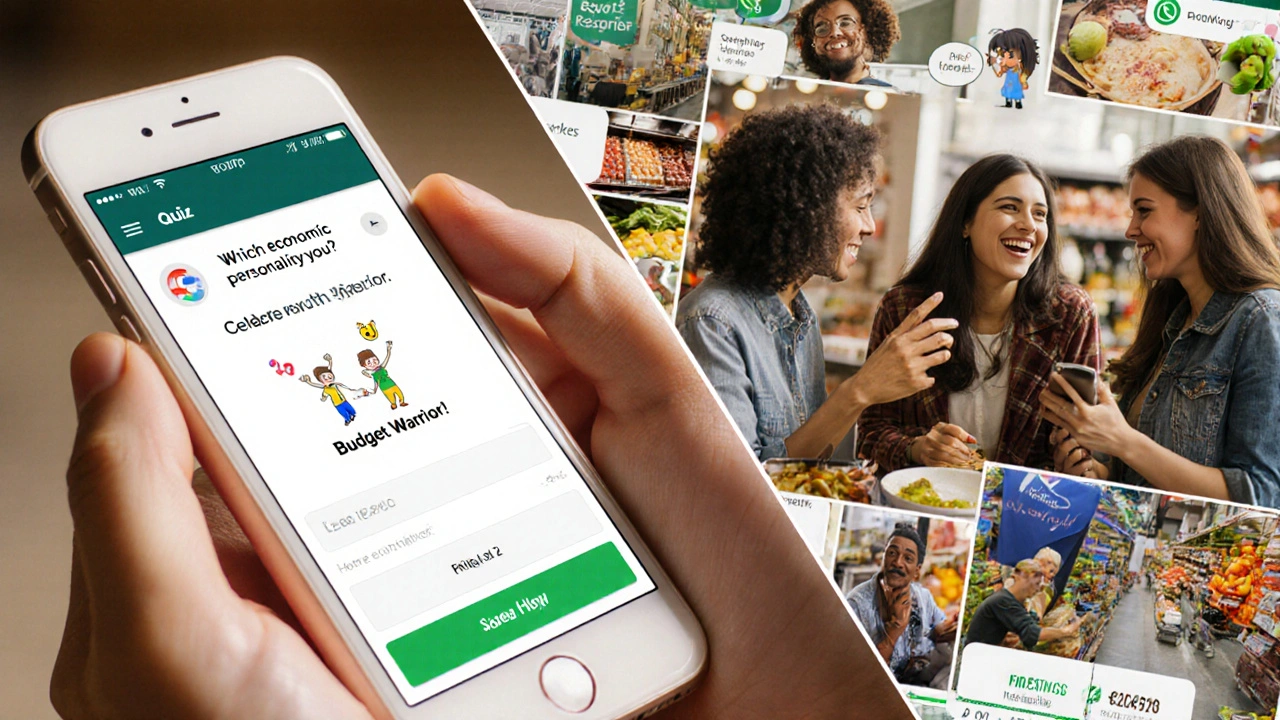 Person smiling at phone screen displaying &#039;Budget Warrior&#039; quiz result while sharing screenshot.