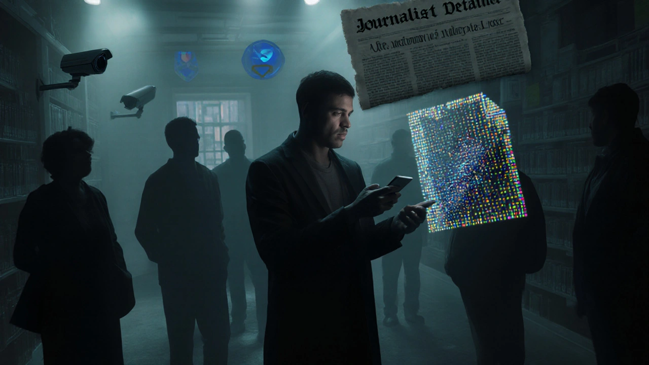 Person uploading a file in a public library, surrounded by hidden surveillance, file turning into a protective shield.