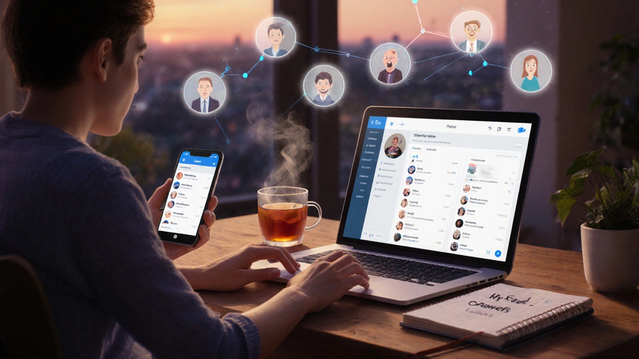 Person using Telegram on laptop and phone in a quiet home office with trusted sources floating nearby