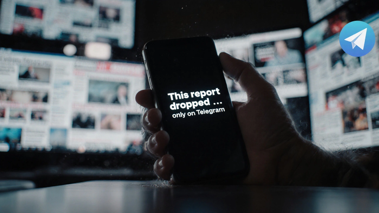 Phone slamming down after Telegram Premium news clip ends with black screen and logo glow.