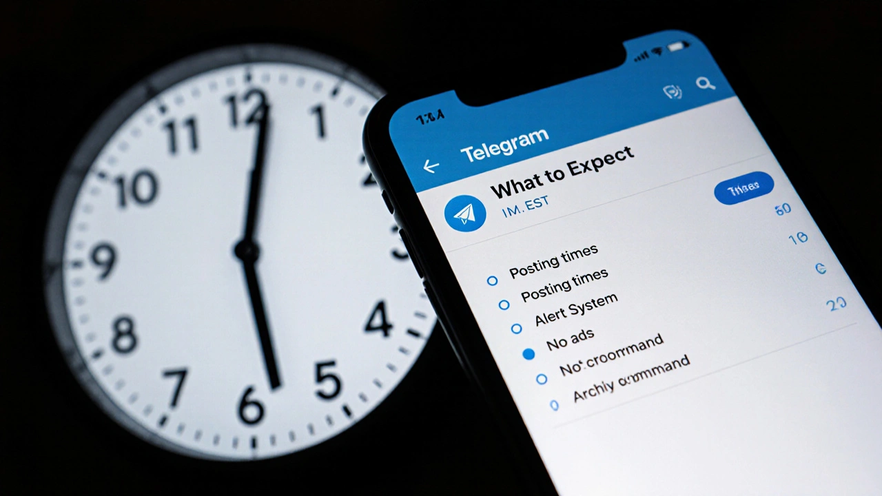 Pinned Telegram message with bullet points listing posting times, alert system, and archive command in dark mode.