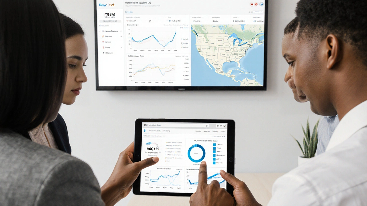 Professionals reviewing Telegram channel analytics on a tablet with audience location data displayed.