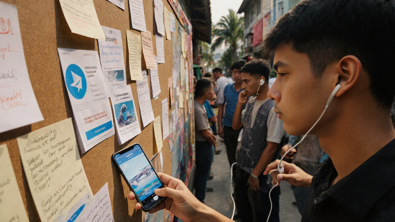 Residents in Jakarta gather around a community board with verified Telegram news alerts after an earthquake.