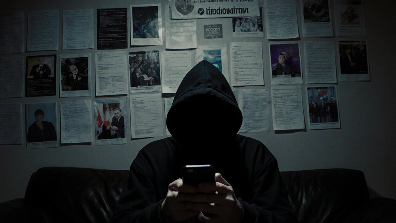 Shadowy figure managing a high-subscriber Telegram channel in a dim room filled with printed rumors.