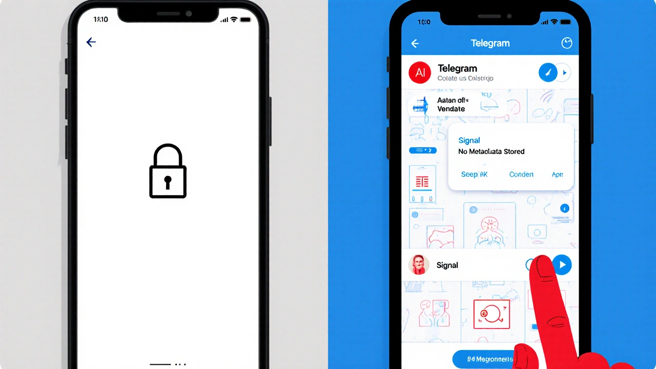 Side-by-side comparison of Signal (secure) and Telegram (surveilled) interfaces with a hand switching from one to the other.