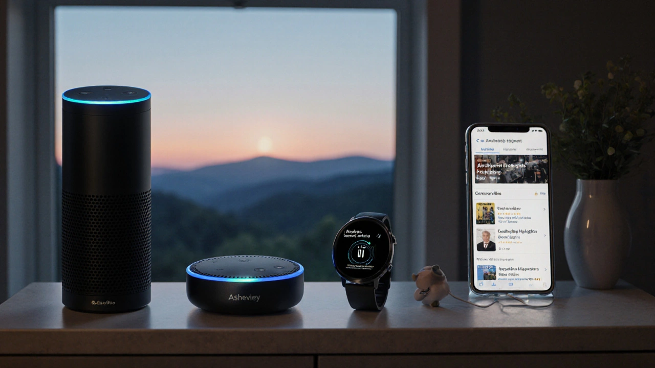Smart home display showing AI news alert alongside fitness tracker and phone with community updates.