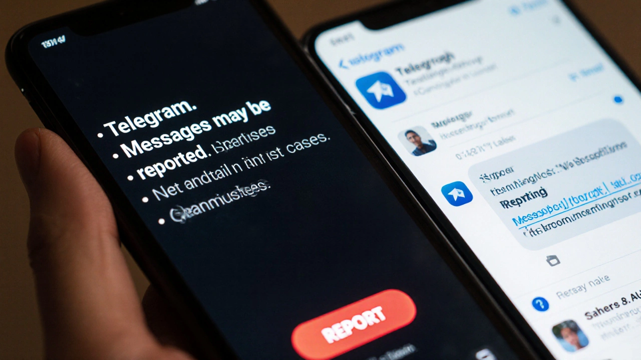 Smartphone displaying a clear Telegram disclaimer with email reporting instructions and report button.