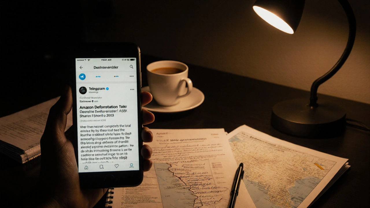 Smartphone displaying a detailed Telegram article surrounded by handwritten notes, maps, and a coffee cup in a dim room.