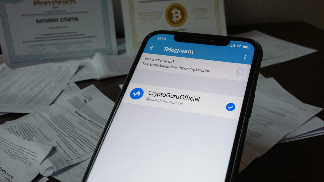 Smartphone screen showing Telegram channel with blue check and blockchain sector icon, surrounded by real and fake documents on a desk.