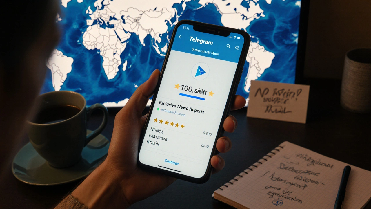 Smartphone screen showing Telegram Stars subscription shop with 100-Star price tag, behind a glowing world map.