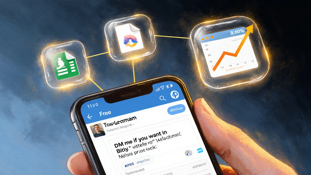 Smartphone showing Telegram DM invitation with floating tracking tools and rising revenue graph above.