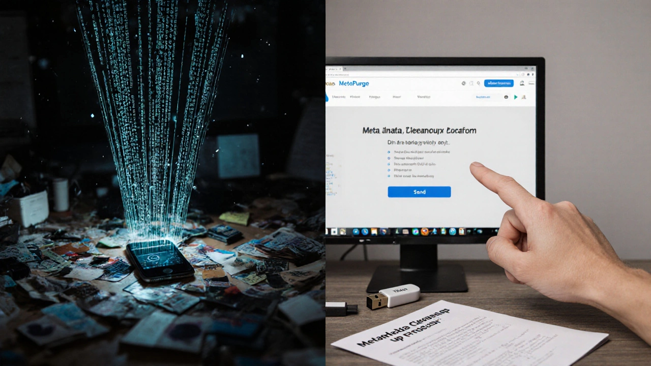 Split image: messy phone with data leaks vs. clean file ready for upload, surrounded by metadata removal tools.
