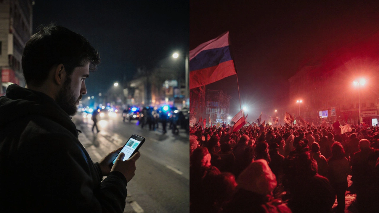 Split scene: activist posting on Telegram in Tehran vs. state propaganda broadcast on the other side.