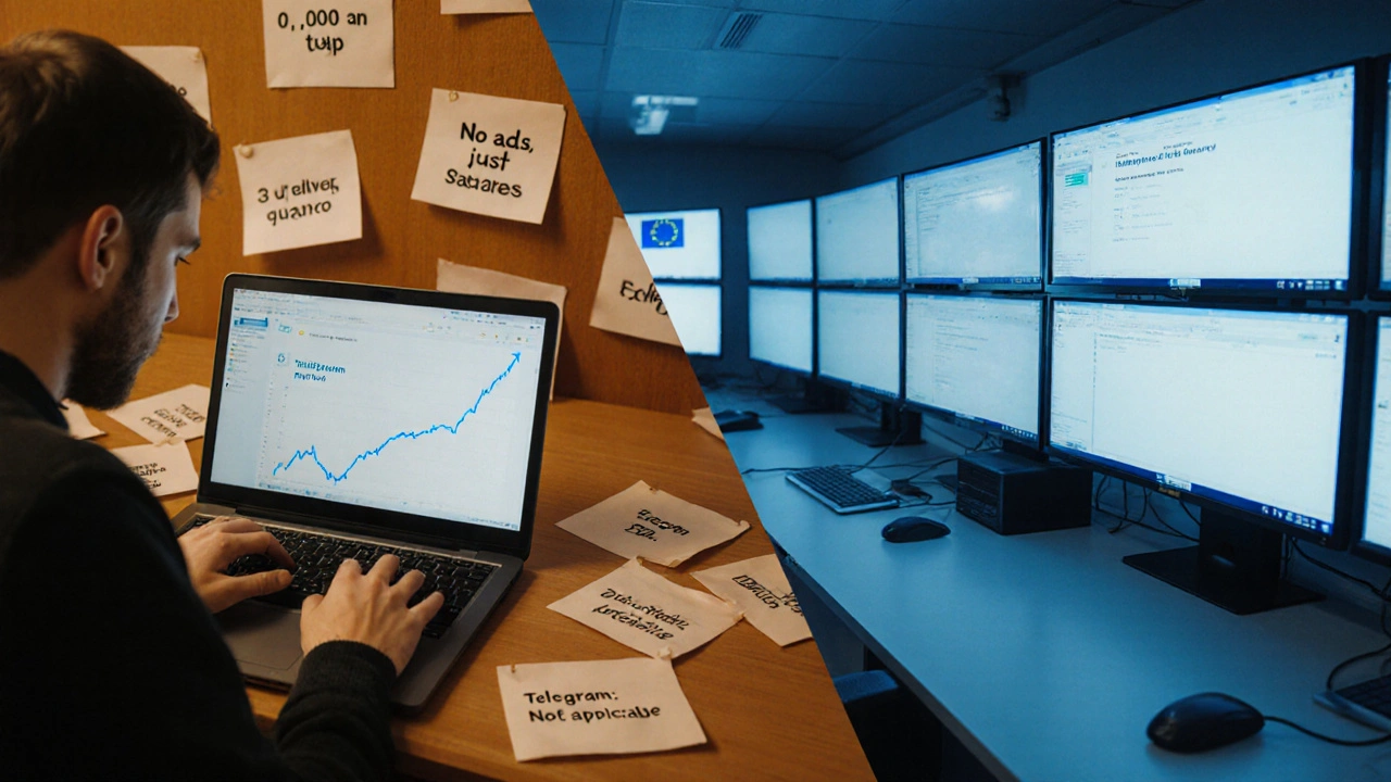 Split-screen: activist growing a Telegram channel organically vs. empty EU ad transparency dashboard labeled &#039;Not Applicable&#039;.