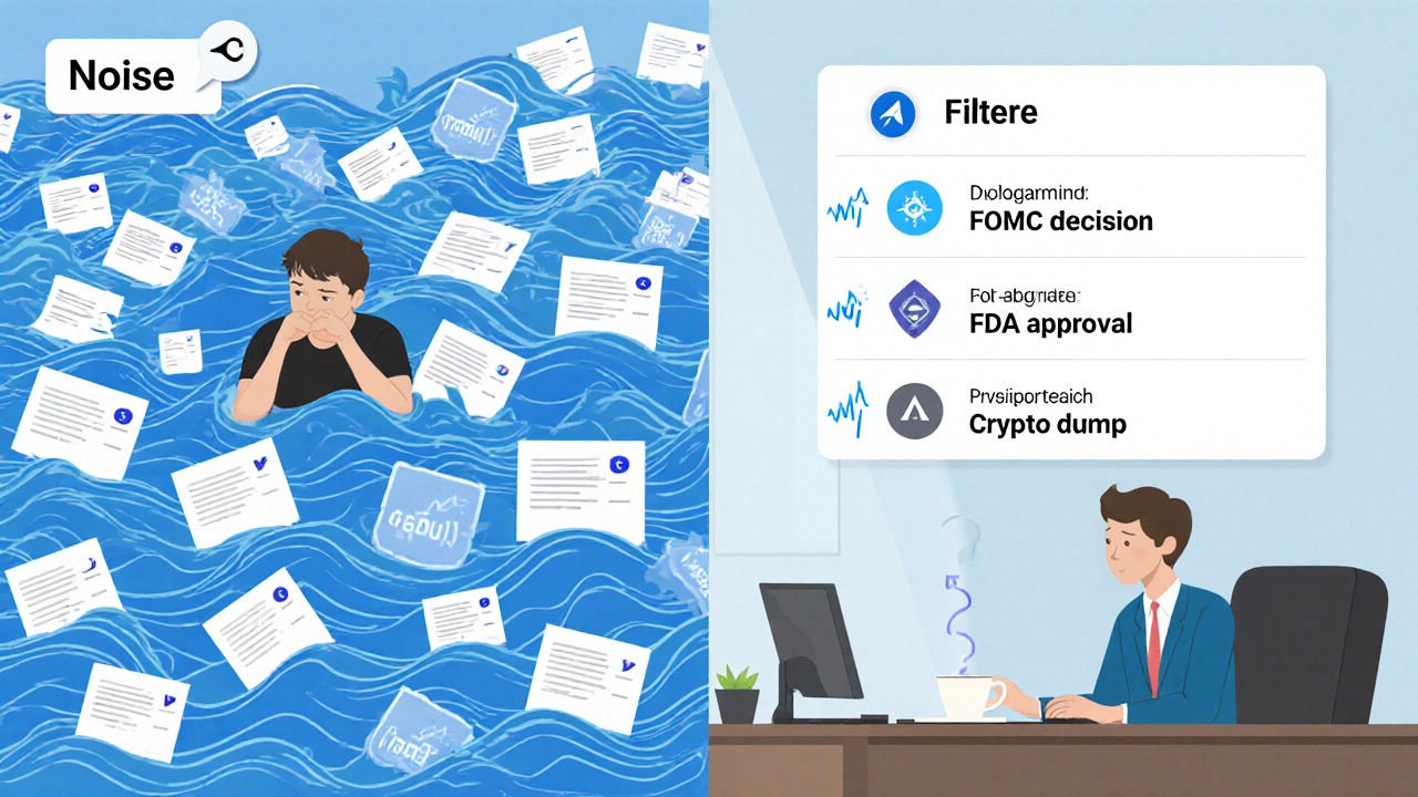 Split-screen: chaos of unfiltered messages vs. calm stream of targeted Telegram alerts.