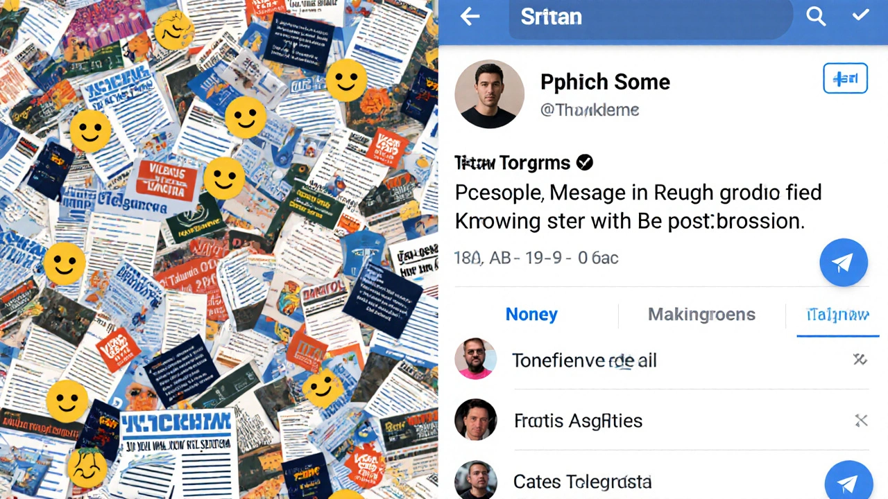 Split-screen: chaotic group chat vs. clean Telegram news channel for breaking updates.